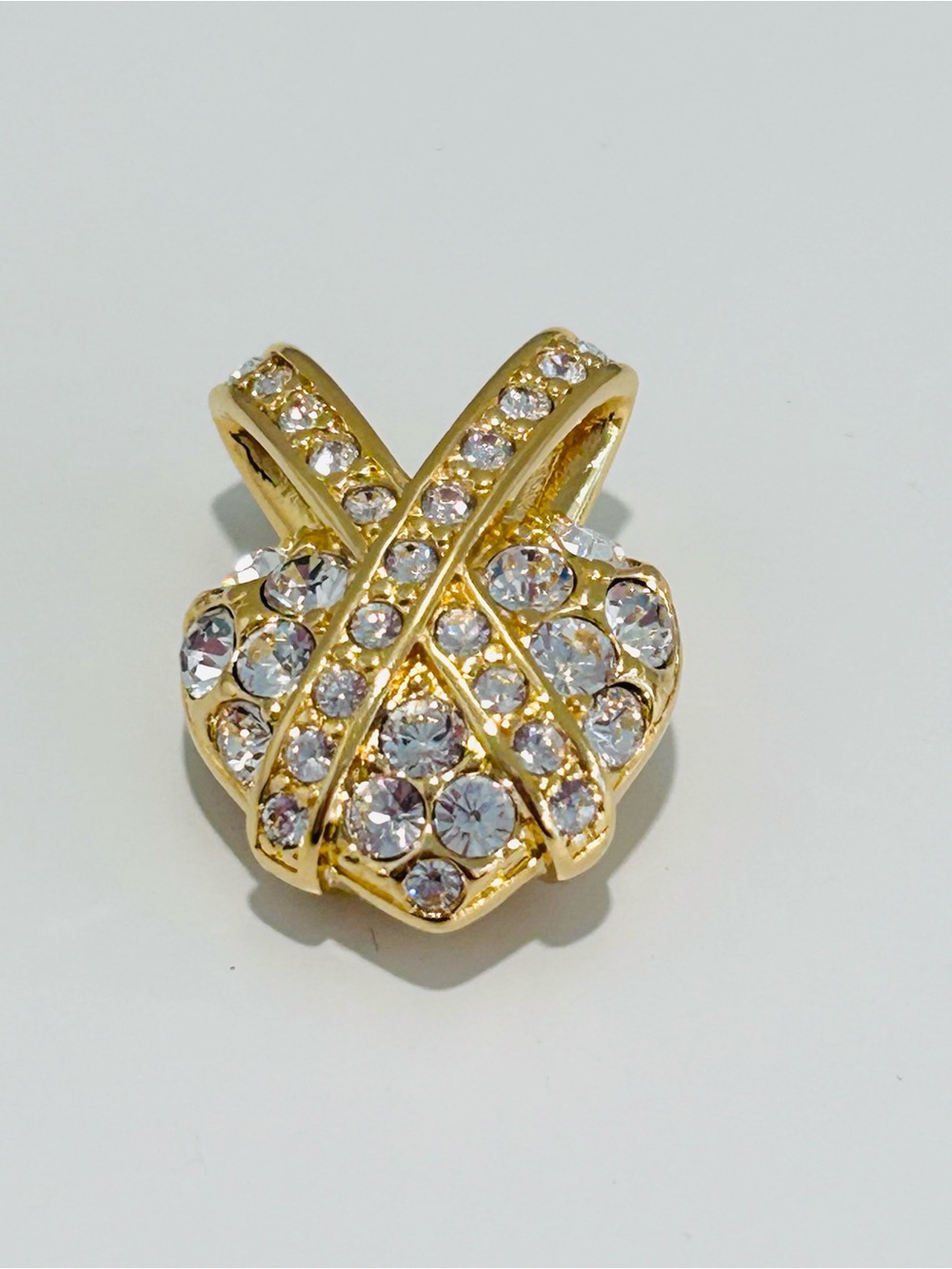 Puffy Heart Slide Pendant Pave Rhinestones Goldtone Statement